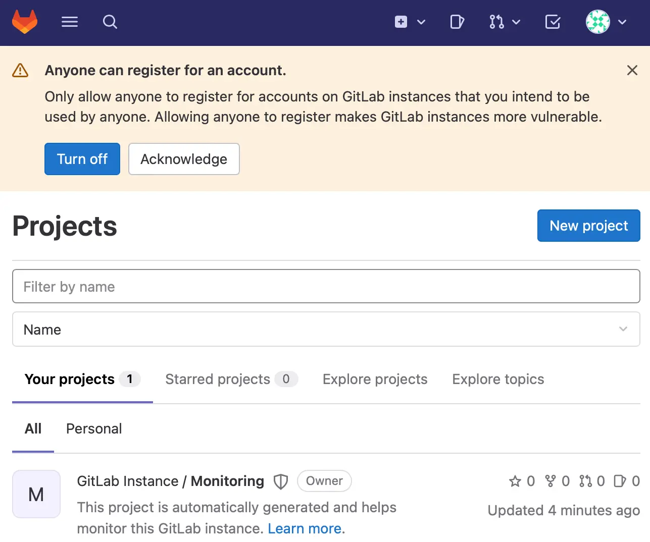 First page on your GitLab instance (Screenshot by authors)