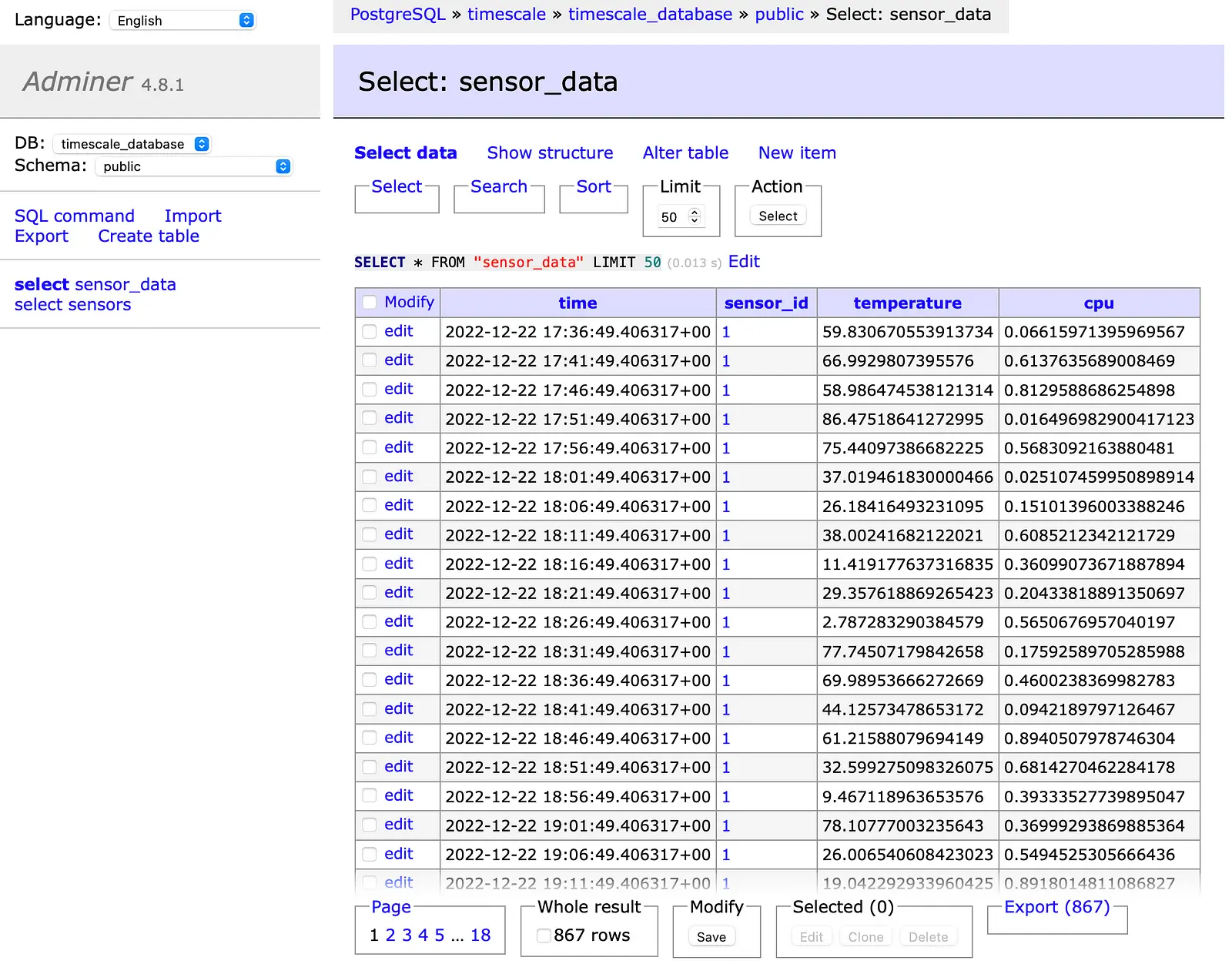 Adminer — sensor_data hypertable (Screenshot by authors)