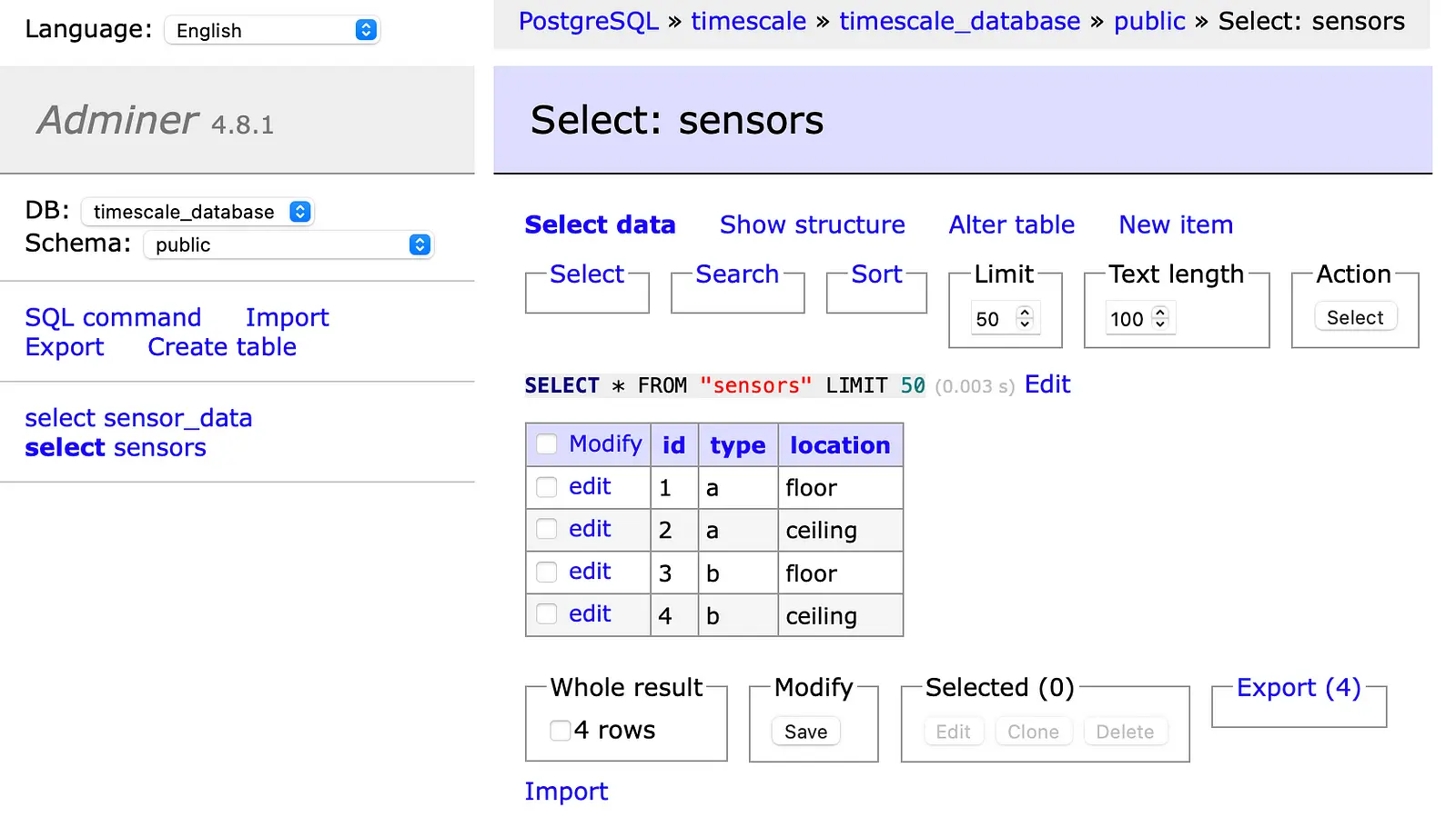 Adminer — sensors table (Screenshot by authors)