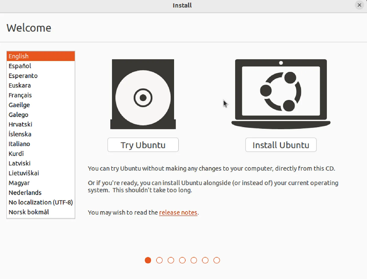 Choose language and Install Ubuntu