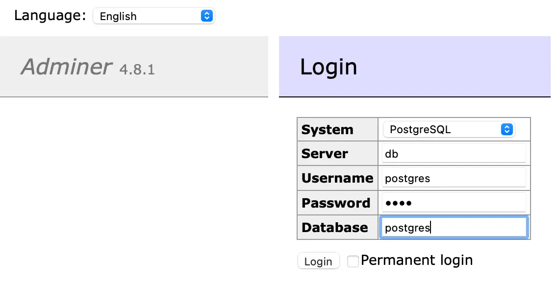 Adminer Login Page