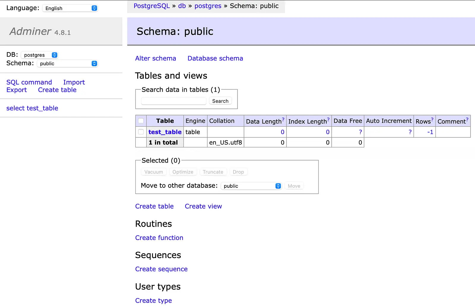 Adminer UI - Tables and Views