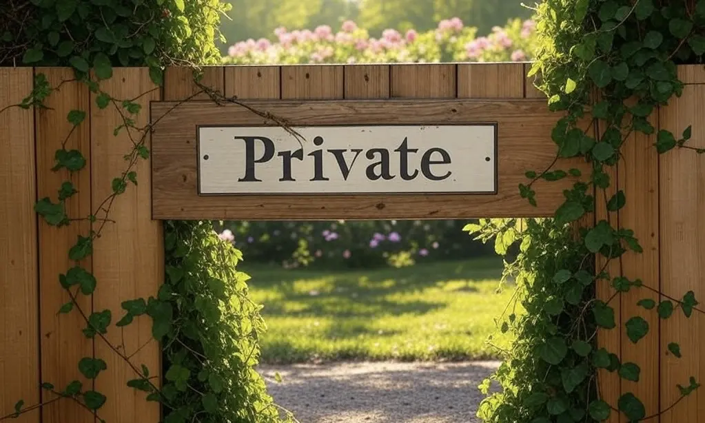 A garden fence with a sign with the lettering Private