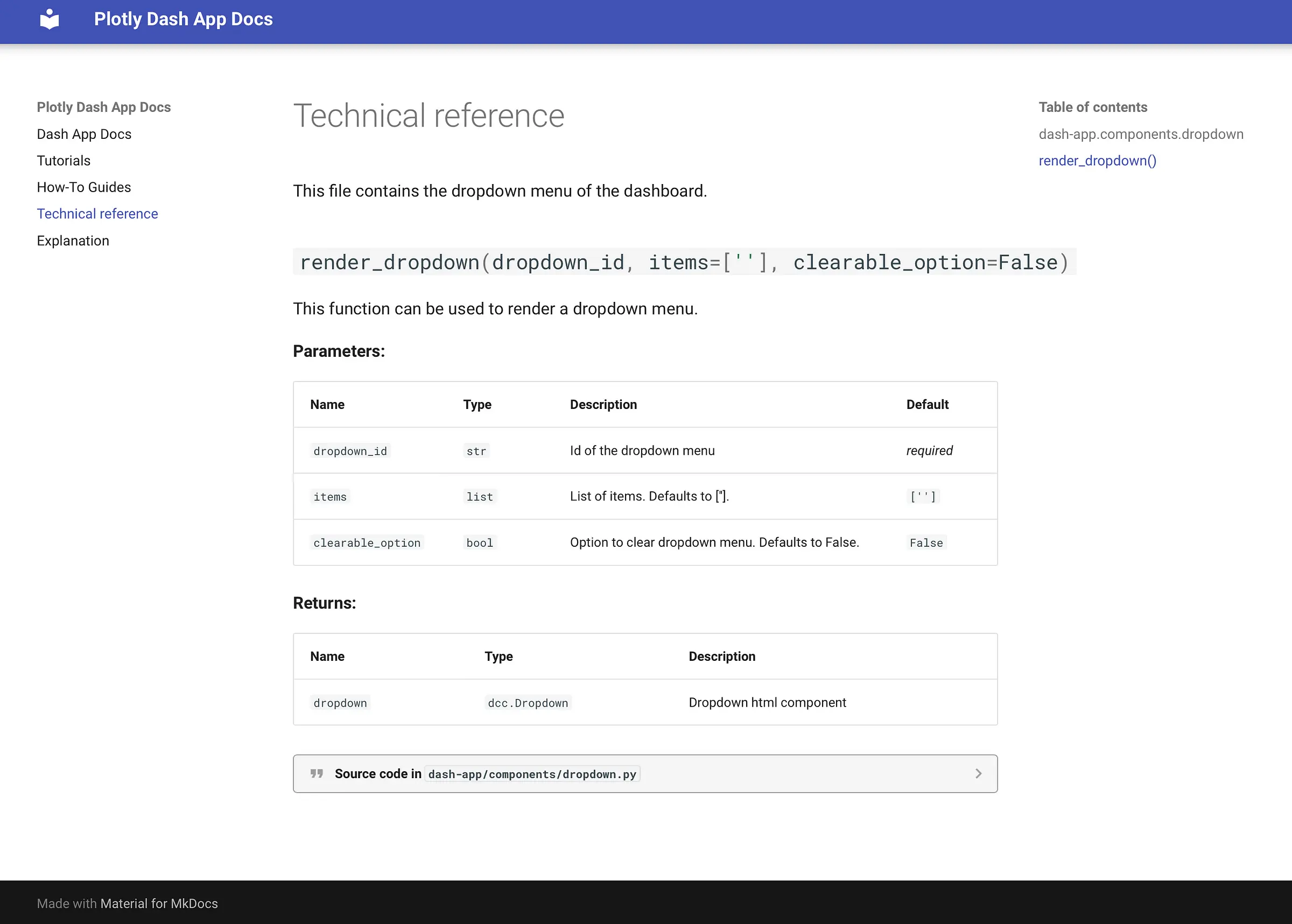 MkDocs Dash App documentation (Screenshot by authors)