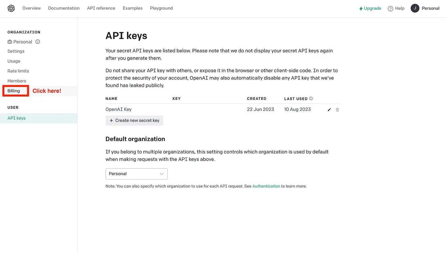 OpenAI API website — Go to Billing. (Image by authors)