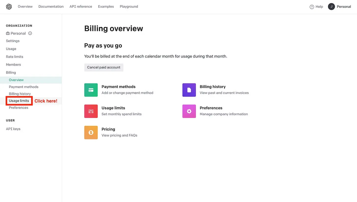 OpenAI API website — Go to Usage limits (Image by authors)