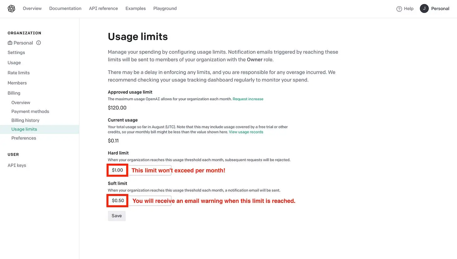 OpenAI API website — Usage limits (Image by authors)