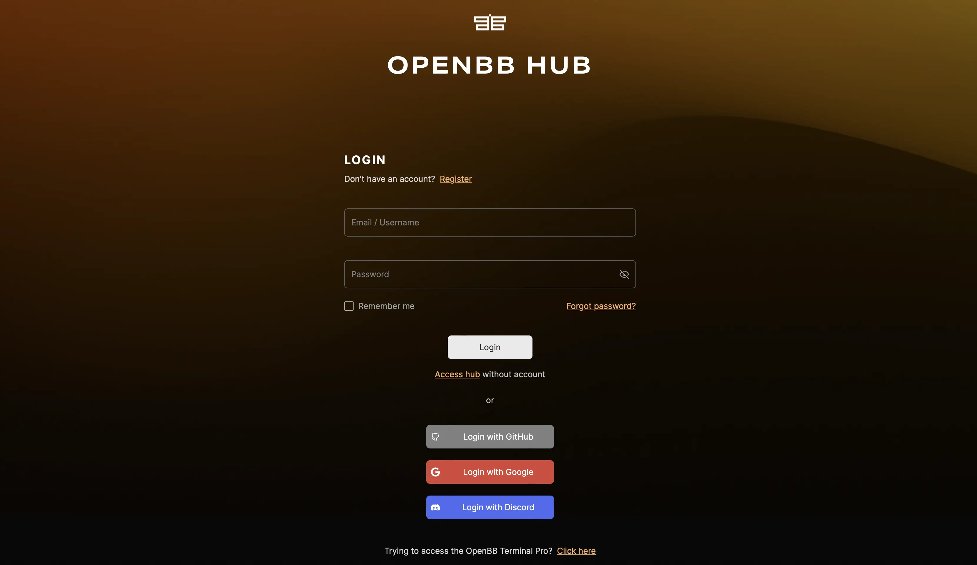 OpenBB Hub Login Page