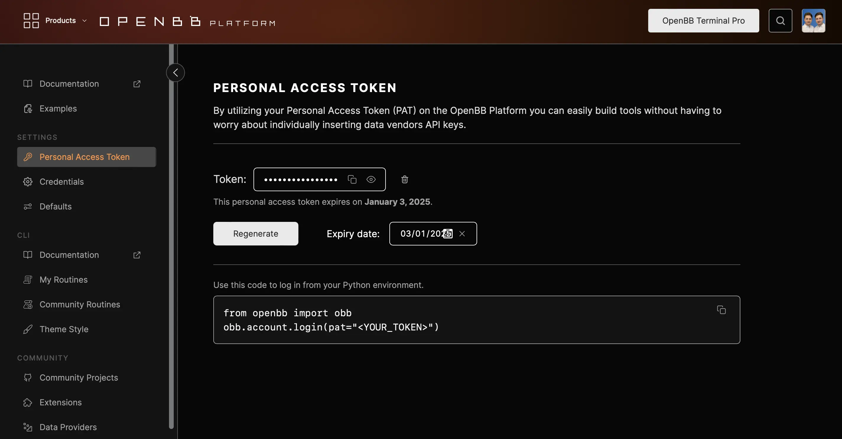 Personal Access Token OpenBB Hub Website