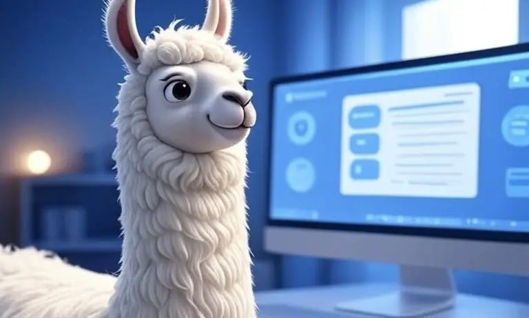 Llama sitting in front of a computer