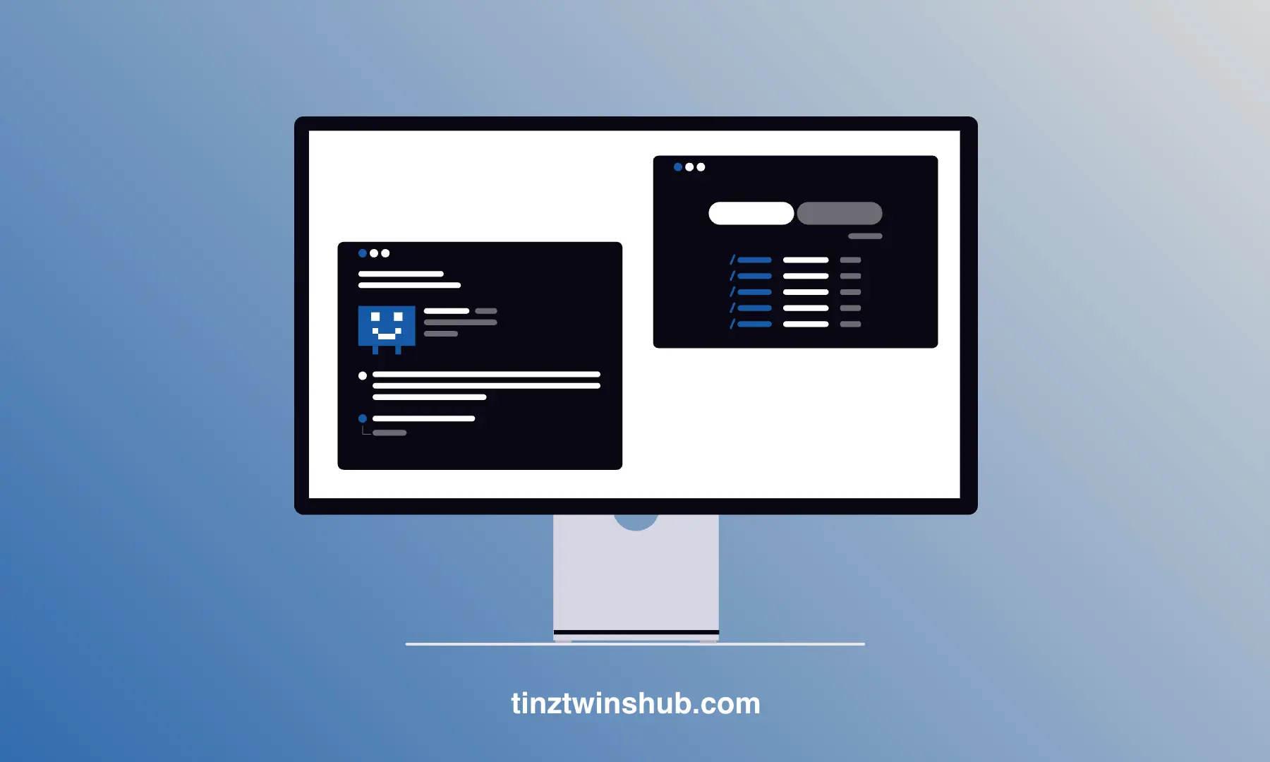 Computer monitor showing two dark-mode development windows. The left one contains code and a smiley face icon.